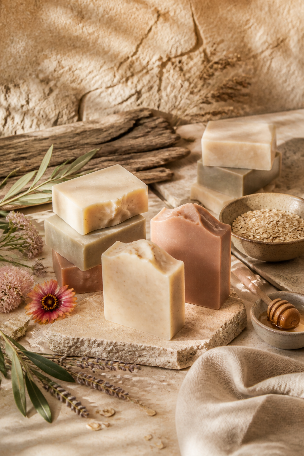 Hand-cut soaps with oats, honey, herbs, and Texas-inspired botanicals